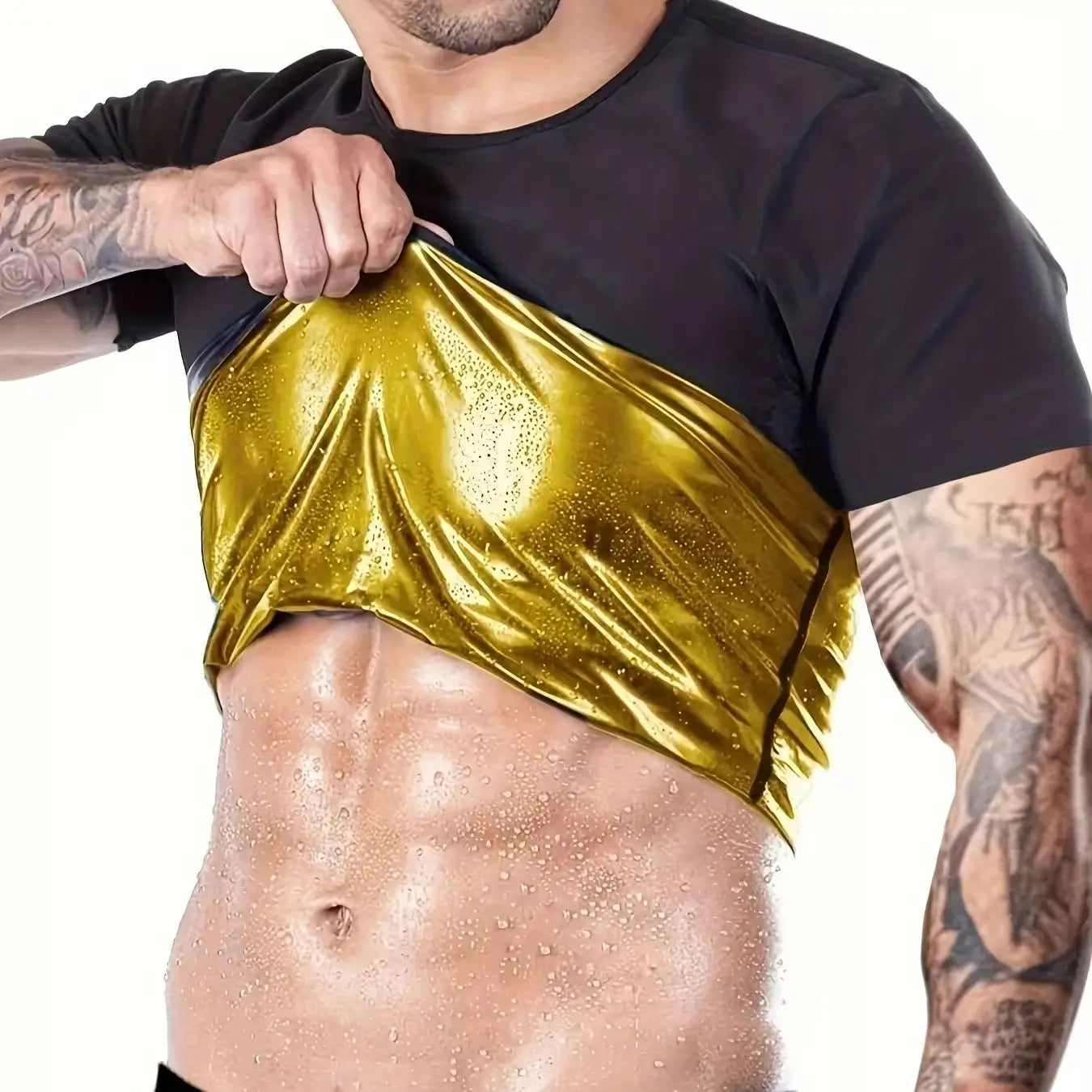 Pop Closets Sauna Shirt for Men Sweat Suit Short Sleeve Compression T-Shirt Weight Loss Body Shaper Shirts for Workout Sports